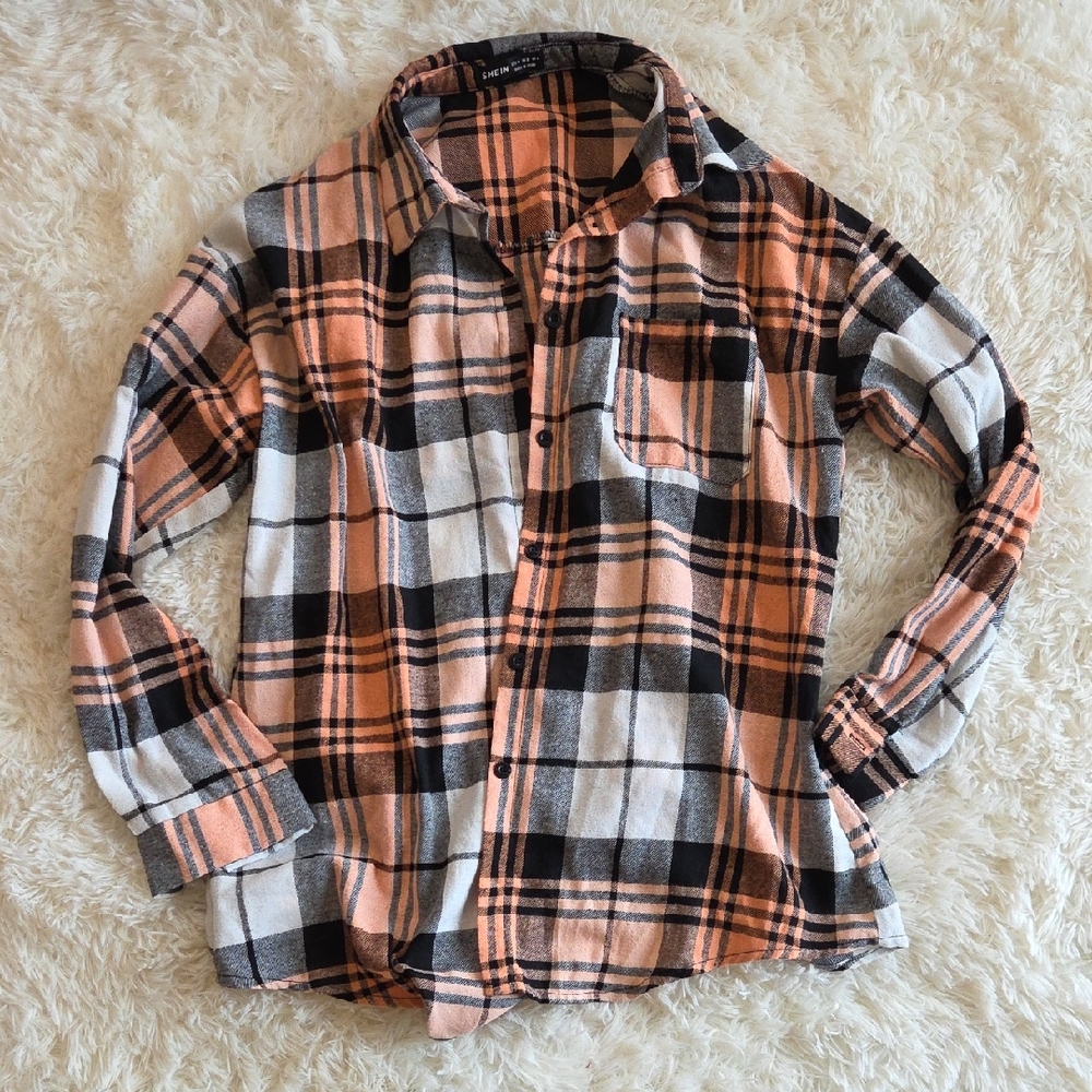 Womens SHEIN Orange and Black Plaid Flannel Shirt Size Medium